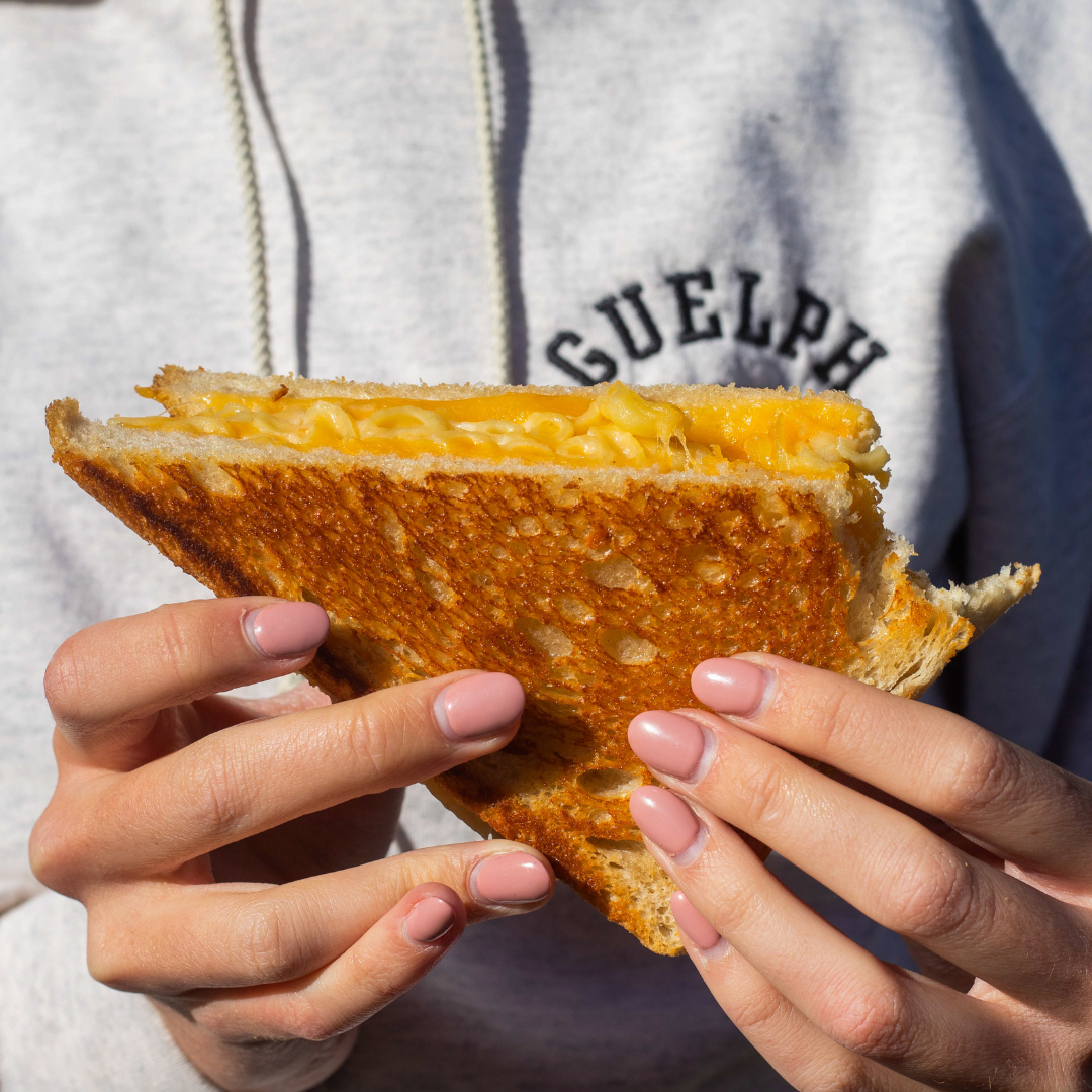 Hands holding a grilled cheese sandwich